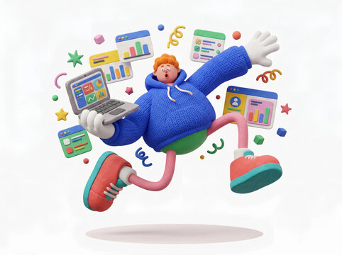 3D cartoon programmer holding laptop floating in air with charts, icons and code for analytics