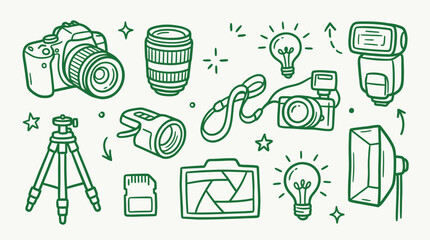 Collection of hand-drawn photography equipment icons and symbols, representing creativity and inspiration. © logan