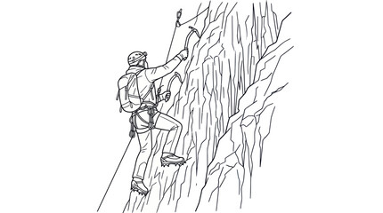 Rock climber ascending steep cliff face with climbing gear, line art illustration © Lucianatakahashi