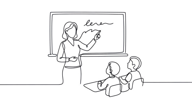 Teacher instructing students at a blackboard in a minimalist line art style