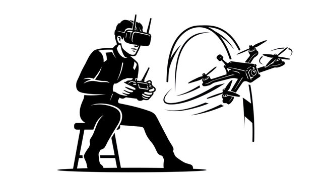 Man controlling drone with VR headset and remote, aerial photography, FPV racing concept
