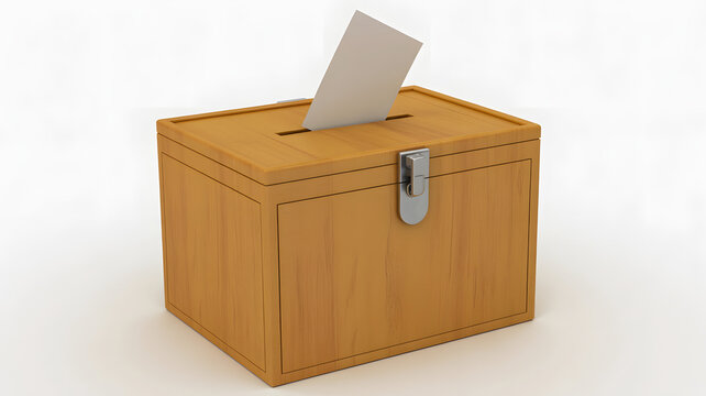 Wooden ballot box with paper vote slip on white background, traditional wood voting container for elections, secure democratic polling station equipment, light brown timber box for casting votes.