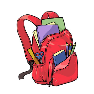 School Supplies Ready for Class Inside a Vibrant Red Backpack