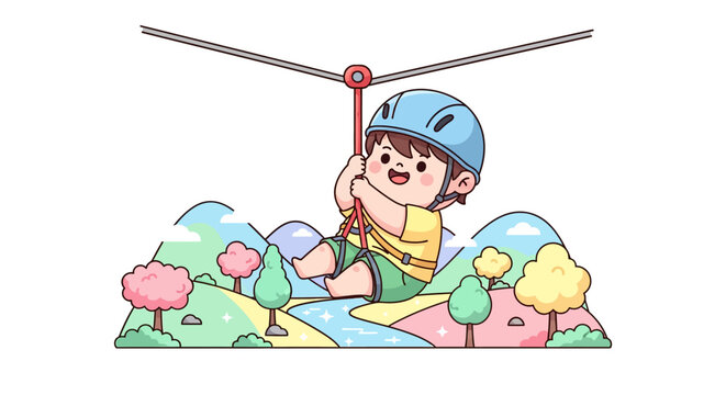 Happy child enjoying thrilling zip line adventure outdoors.