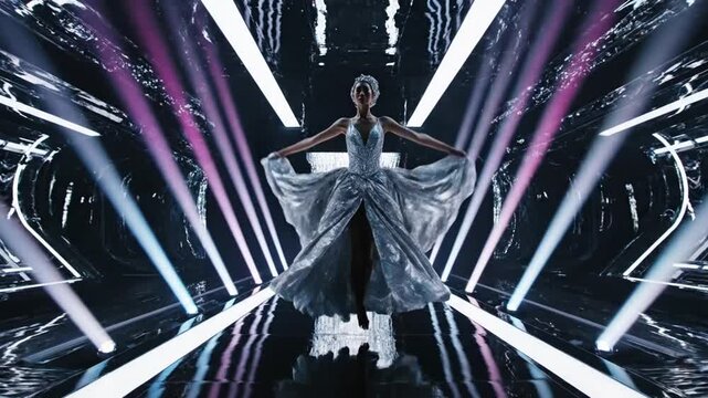 Fashion model in avant-garde gown on reflective stage