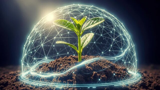 Seedling Protected by Technology: A young plant sprouts from fertile soil, encased within a luminous, intricate digital dome, symbolizing growth and innovation in a connected world.