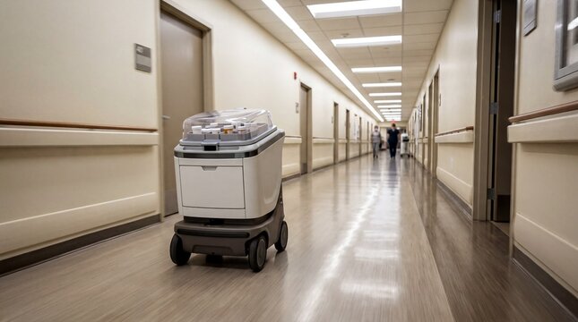 medical automation, a sleek hospital robot navigates a corridor, delivering medications swiftly