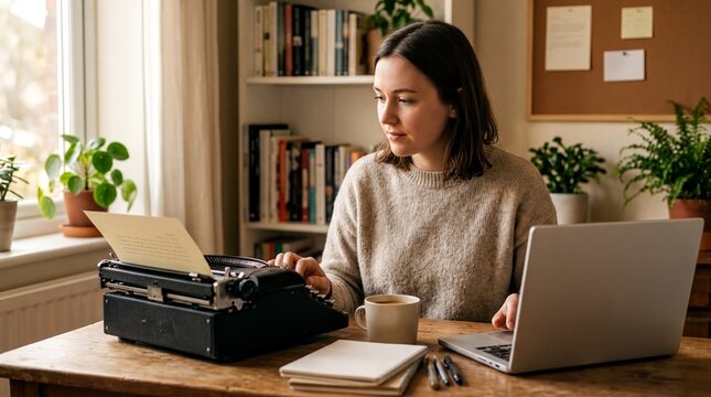 writing tools evolution, a vintage typewriter and modern laptop coexist on a cozy desk in warm light