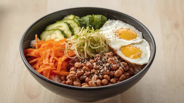 Savory rice bowl with fried egg, seasoned bean, shredded carrot, cucumber and sprout delight