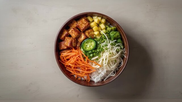 Crisp tofu rice bowl with shredded carrot, jalapeno, broccoli, corn and vibrant veggies over rice