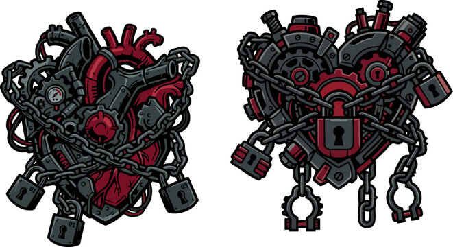 Steampunk mechanical heart vector set, industrial anatomical hearts with chains and padlocks, dark red and grey cyberpunk engine heart illustrations