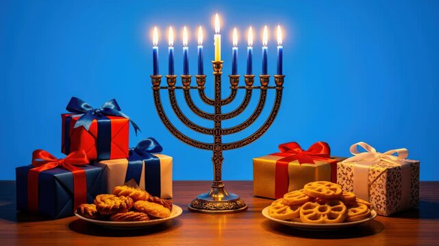 Hanukkah Celebration: A beautifully lit menorah stands proudly amidst an assortment of festive gifts and traditional treats.