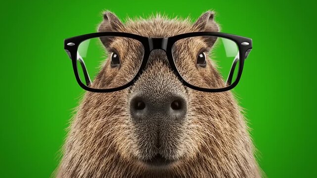 Close-up portrait of a cute capybara wearing eyeglasses against a vibrant green background, showcasing its adorable facial features