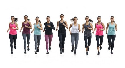Fototapeta premium Group Of Diverse Women Running Together Isolated White Background