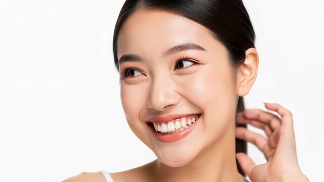 Radiant Smile: A young Asian woman with a bright, captivating smile and clear skin looks off to the side, her hand gently touching her hair, exuding natural beauty and confidence.