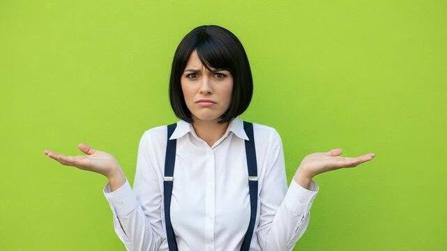 Young woman with bob haircut shrugging shoulders in confusion wearing white shirt and suspenders against green background