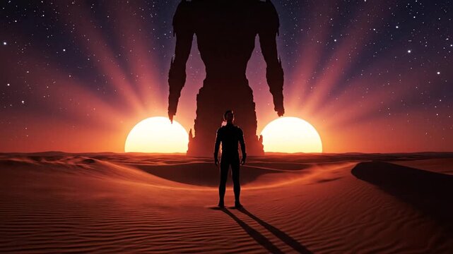 Man giant silhouette desert planet