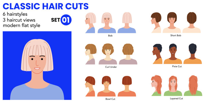 Classic haircut infographic set with labeled bob, bowl cut, pixie, layered and curl under styles, modern flat layout for beauty education, hairstyle guides and salon charts