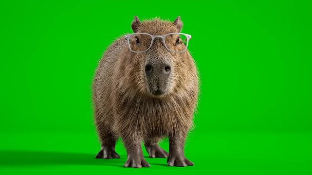 Adorable Capybara with Stylish Glasses Posing Against a Vibrant Green Screen Background, Perfect for Easy Digital Compositing and Creative Marketing Projects
