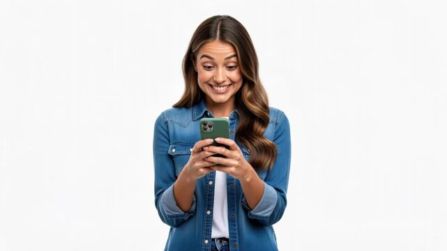 Excited Woman with Smartphone: A young woman with a joyful expression gazes at her smartphone, engrossed in its screen. Her eyes sparkle with delight.