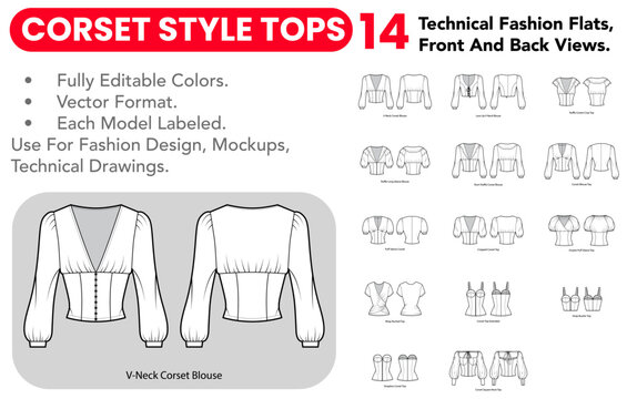 Corset Style Tops collection featuring black and white technical fashion flats with front and back views, outline versions, shaped waists and fitted forms. Vector illustration