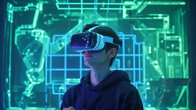 Young person wearing virtual reality headset futuristic lab environment immersive and focused