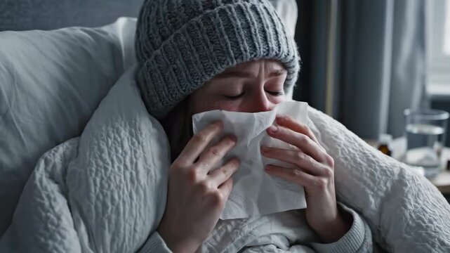 Sick Woman Sneezing and Blowing Nose in Bed with Winter Hat and Blanket.