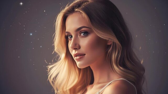 Blonde Woman Portrait: A striking portrait of a young blonde woman with wavy hair, looking sideways with a gentle expression, against a soft, subtly lit background with shimmering light effects.