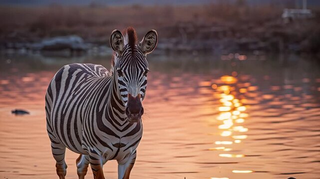 Zebra standing by reflective water sunset with golden light, calm warm reflection and striking