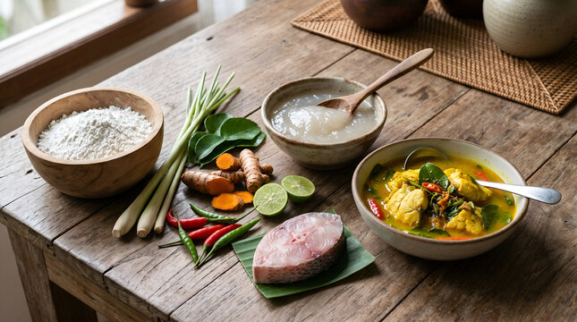 Papeda ingredients with sago flour, turmeric, lemongrass, fish, and finished dish for cooking guides, culinary education, and tourism content.