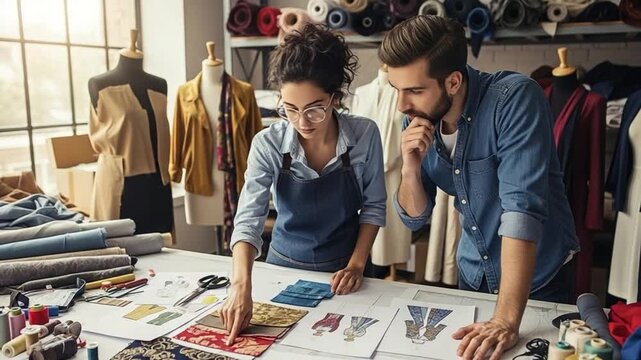 Young male and female fashion designers collaborating on clothing sketches in a professional tailor studio workshop