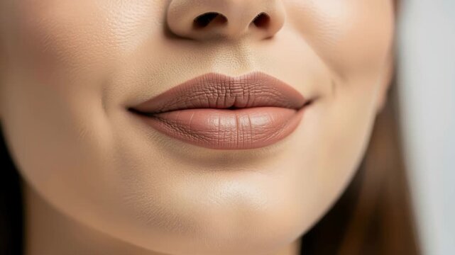Beautiful Woman's Lips: Close-up of a woman's perfectly shaped lips, painted with a natural matte lipstick, exuding subtle confidence and allure.