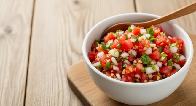 Vibrant bowl of fresh chunky salsa with diced tomatoes, onions, cilantro, and lime juice on a rustic wood surface with empty space on left, background, vegan, pico de gallo