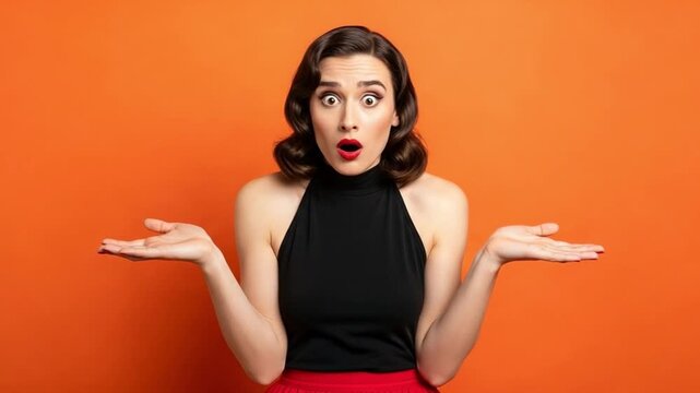 Confused young woman shrugging shoulders with uncertain expression against vibrant orange background