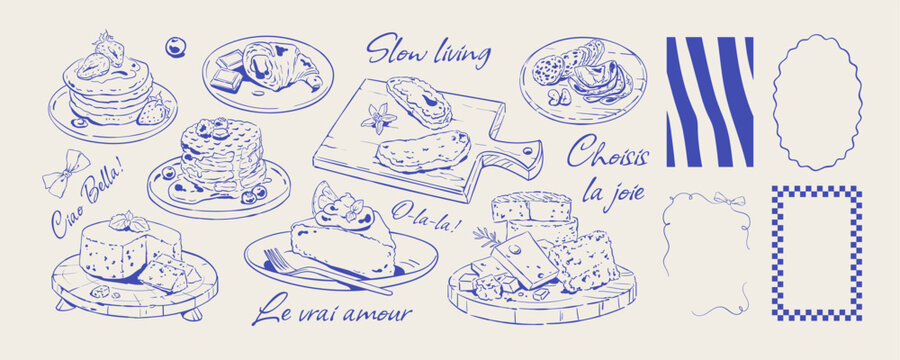 Playful french breakfast sketch on blue background set. Cute brunch food appears as cafe charcuterie plate and cake with cheese. Pancakes sit as cozy bakery treat and breakfast meal template for menu