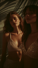 Obraz premium Two glamorous female models in sparkling gold swimwear pose in warm dramatic sunlight with palm shadows, luxury summer fashion, beauty, sensual glow and elegant resort editorial mood, high-end style.