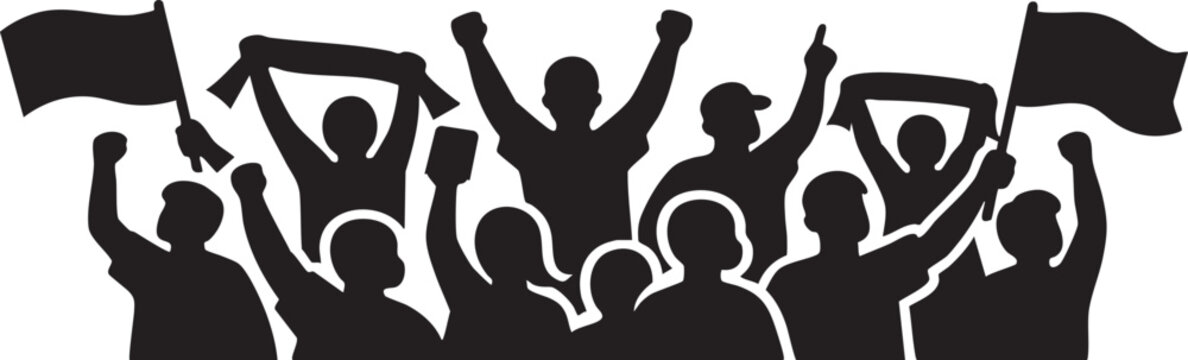 People crowd protest with raised fists and flags waving in a demonstration silhouette, activism and social movement concept