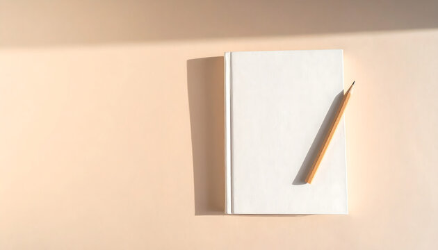 Cuaderno de tapa dura blanco con l&aacute;piz de madera sobre fondo beige