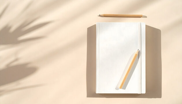 Cuaderno de tapa dura blanco con l&aacute;piz de madera sobre fondo beige
