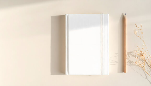 Cuaderno de tapa dura blanco con l&aacute;piz de madera sobre fondo beige