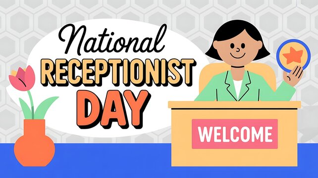 National receptionist day concept with illustrated female professional at a welcome desk with vase of flowers