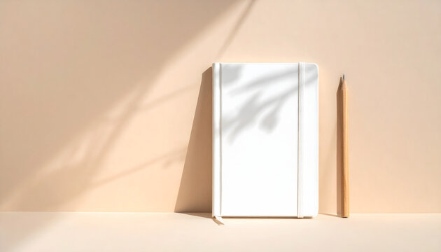 Cuaderno de tapa dura blanco con l&aacute;piz de madera sobre fondo beige