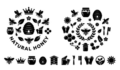 Premium Beekeeping Black Silhouette Icon Set Featuring Bees Honey Jars Flowers and Apiary Tools © Chiron