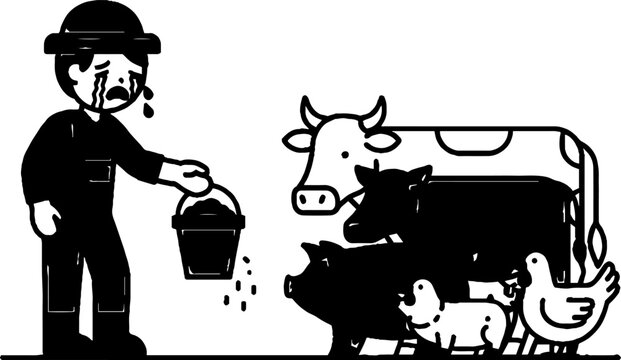 Farmer feeding various barnyard animals together outdoors.