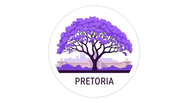 Colorful stylized jacaranda tree with Pretoria text.