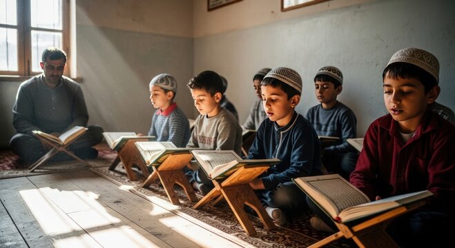 Young boys reading the Quran in a traditional madrasa school.
