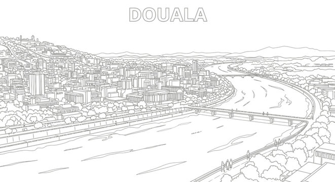 Detailed Black and White Line Art of Douala Cityscape.