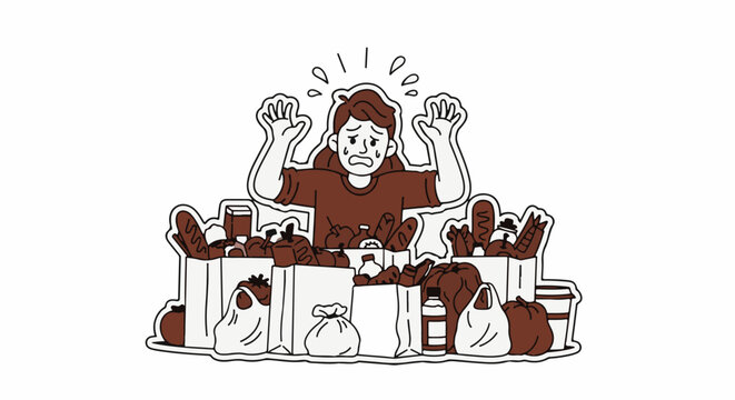 Overwhelmed person managing multiple tasks at desk.