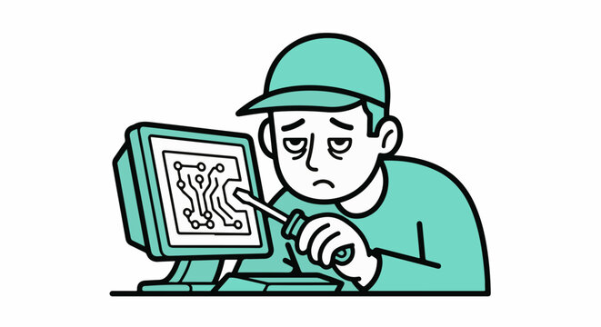 Frustrated technician repairing old computer monitor.