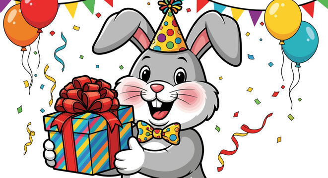 Cartoon rabbit in party hat holding gift.